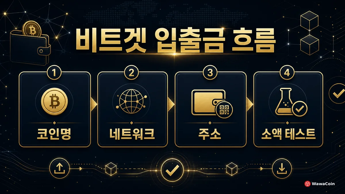 비트겟 입출금 전 코인명과 네트워크, 주소와 소액 테스트 확인 흐름 이미지