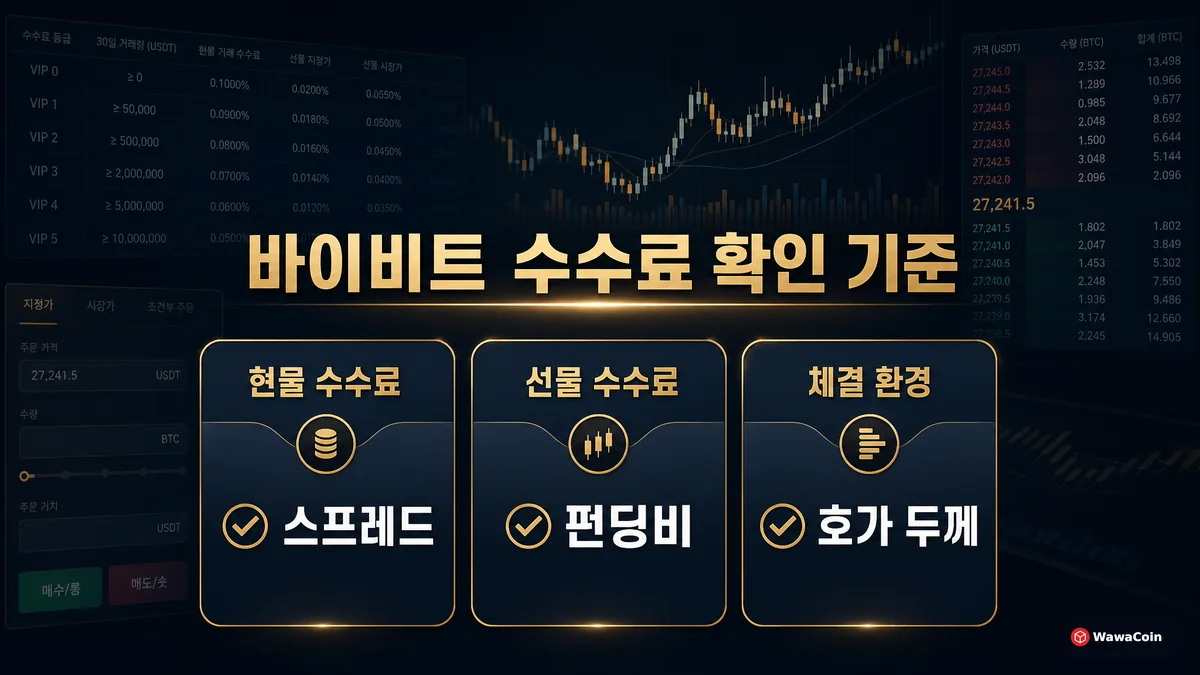 바이비트 현물 수수료와 선물 수수료, 체결 환경 확인 기준을 정리한 이미지