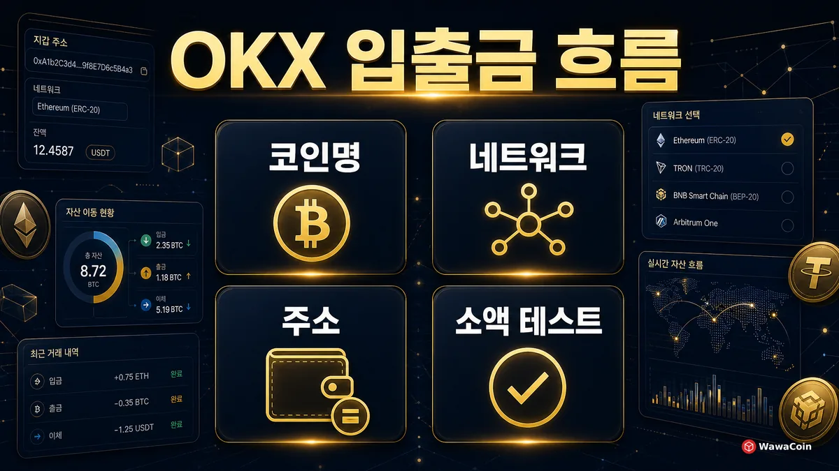 OKX 입출금 전 코인명과 네트워크, 주소와 소액 테스트 흐름 이미지