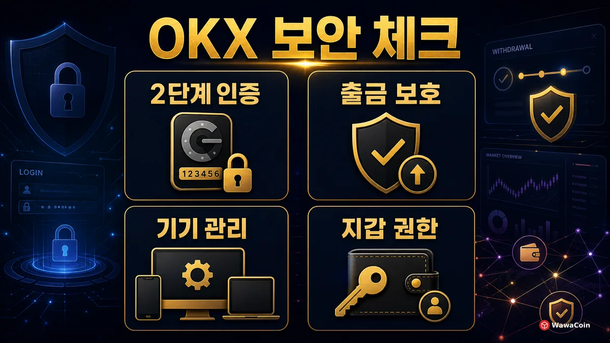 OKX 계정 보안과 출금 보호, Web3 권한 관리 기준을 정리한 이미지